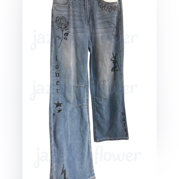 Playboy blue sinner lover‎ butterfly rose playboy bunny embroidered jeans size 7 - Picture 4 of 16